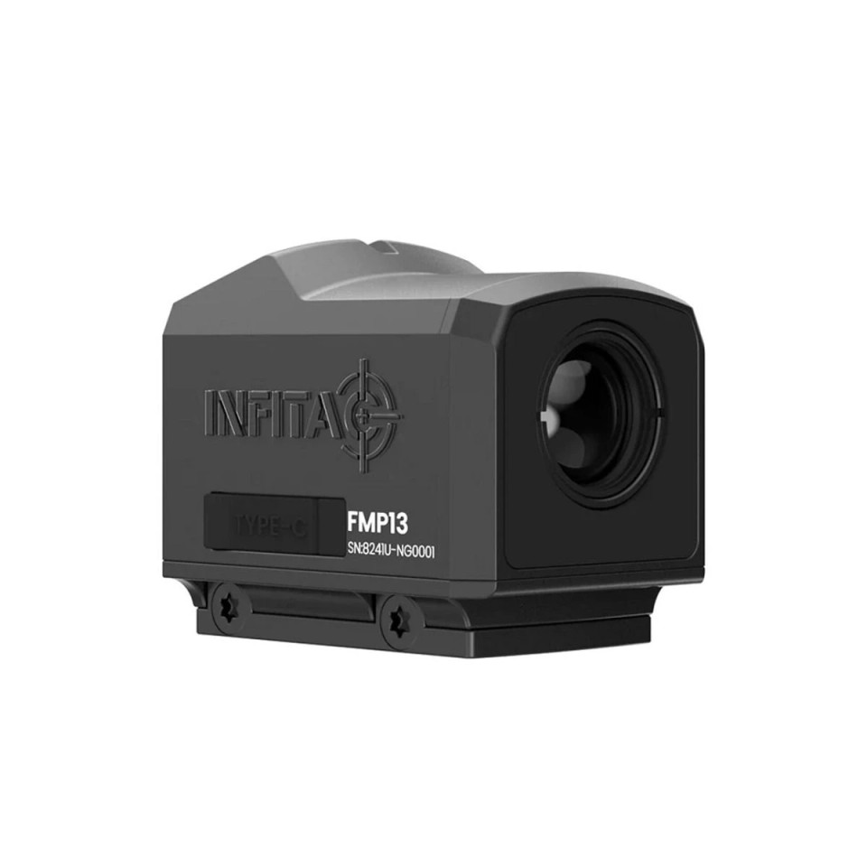 INFITAC Fast Mini Series FMP13 – Compact thermal scope with 256x192 resolution, 60Hz refresh rate, 13mm F1.0 lens, 360x300 display, 5-hour CR2 battery, IP67 waterproof durability, and 1200G recoil resistance.