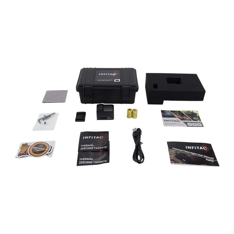 INFITAC Fast Mini Series FMP13 in FDE– Compact thermal scope with 256x192 resolution, 60Hz refresh rate, 13mm F1.0 lens, 360x300 display, 5-hour CR2 battery, IP67 waterproof durability, and 1200G recoil resistance.