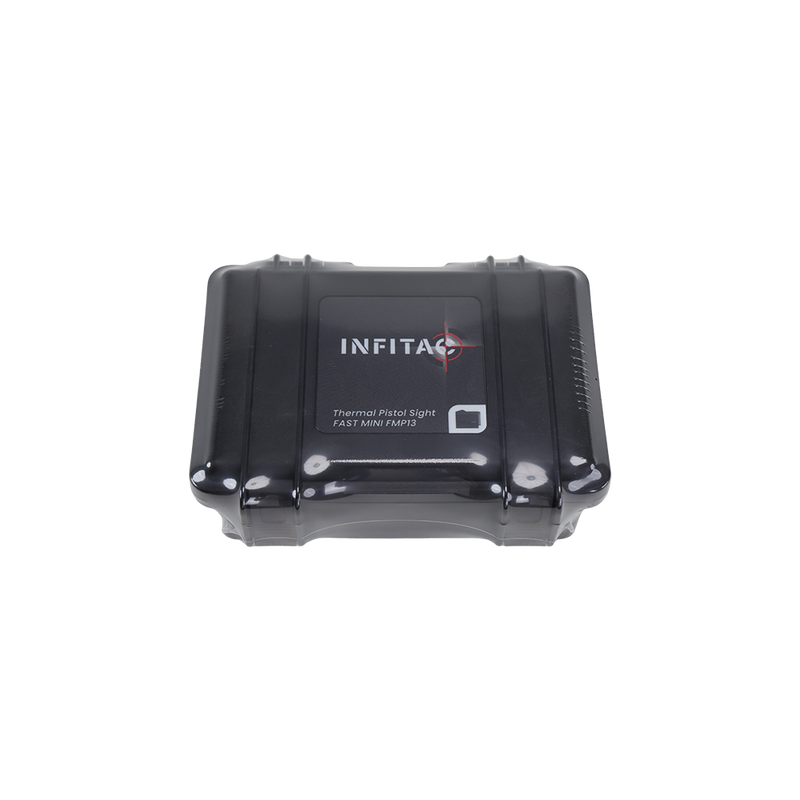 INFITAC Fast Mini Series FMP13 in FDE– Compact thermal scope with 256x192 resolution, 60Hz refresh rate, 13mm F1.0 lens, 360x300 display, 5-hour CR2 battery, IP67 waterproof durability, and 1200G recoil resistance.