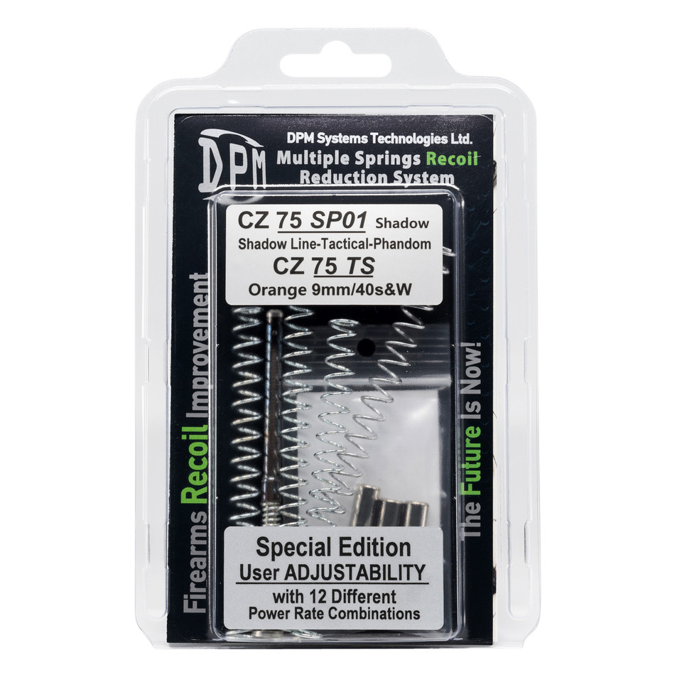 DPM Mechanical Recoil Reduction System for CZ 75 SP-01 / Shadow Line — 12 configurable combinations with multi-spring rod, 3 buffer tubes and 4 external springs. Reduce recoil, protect slide & frame, and tune performance for compensators or light ammo. Made in Greece with lifetime warranty.