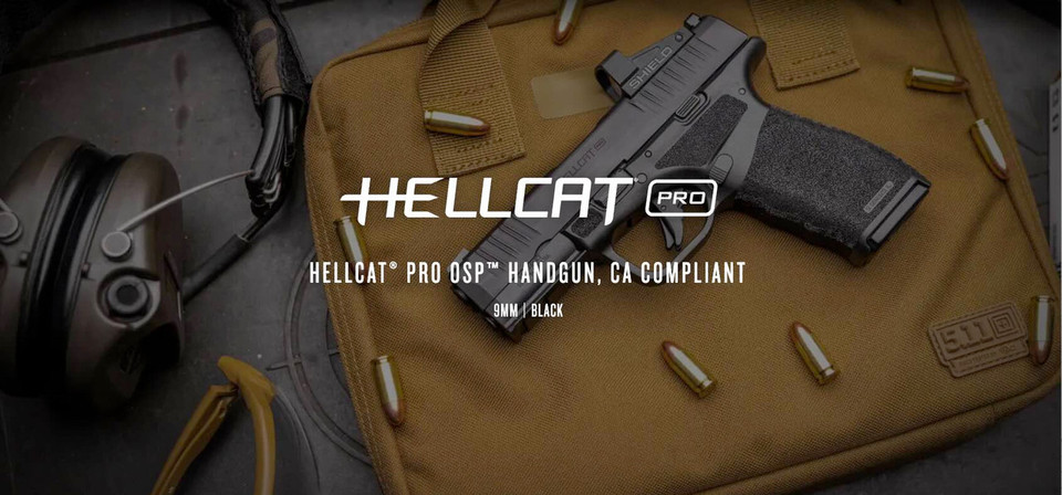 Springfield CA Hellcat Pro OSP Gear Up Package includes Viridian optic, 5 mags, pistol bag. California-compliant 9mm with optics-ready slide, U-Dot sights & loaded chamber indicator.