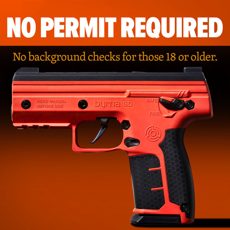 Byrna SD Universal Kit in Orange - compact .68 cal less-lethal launcher kit with 2 mags, 8g CO₂, training & kinetic rounds, up to 280 fps and ~60 ft effective range. Legal nationwide; kit contains no chemical projectiles. Available from Terran Gear USA.
