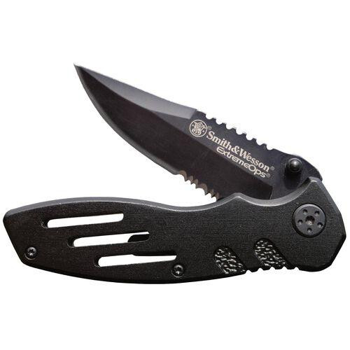 Smith & Wesson Extreme Ops 3.1" assisted-opening folding knife — 7CR17MOV clip-point blade with partial serration, black oxide finish, aluminum handle, liner-lock, 3.5 oz. Fast-deploy EDC and tactical knife with manufacturer limited lifetime warranty