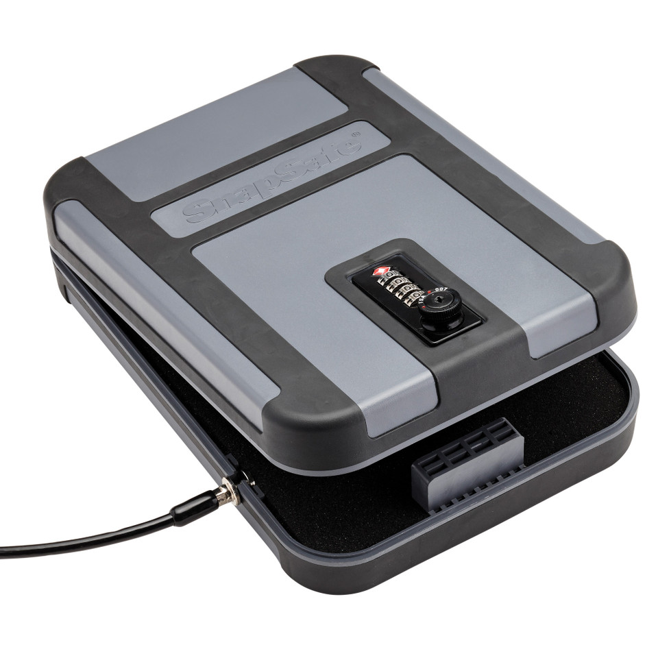 SnapSafe TrekLite Lock Box XL with TSA combination lock and cable. Impact-resistant, lightweight polycarbonate case for firearms, valuables, and travel security