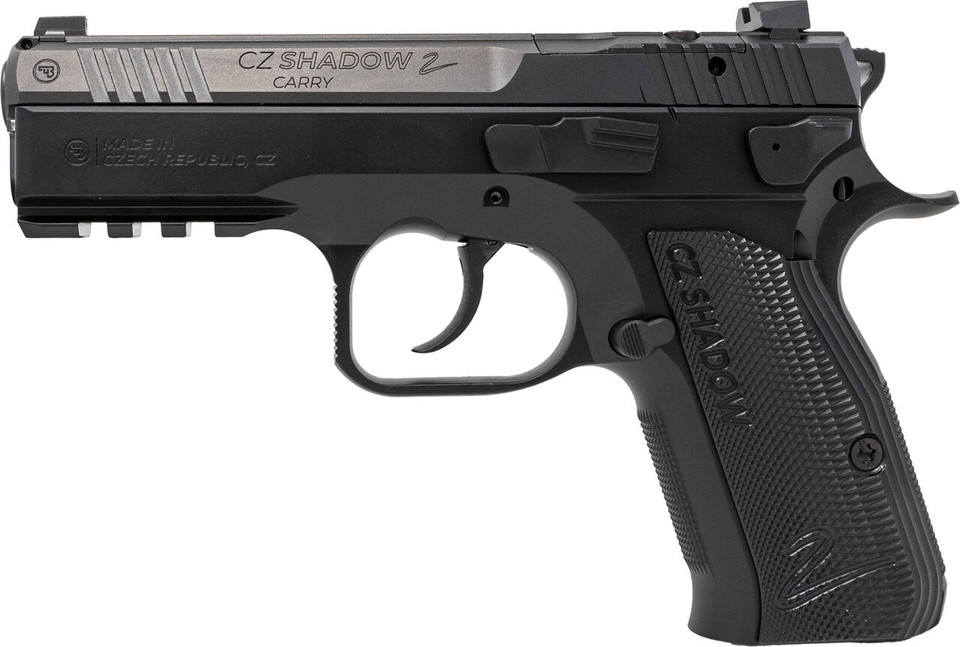 CZ Shadow 2 Carry — 9mm, 4” cold-hammer-forged barrel, RMSc optics-ready, 15+1 capacity, forged 7075-T6 frame, luminescent sights, decocker & lifetime barrel warranty.
