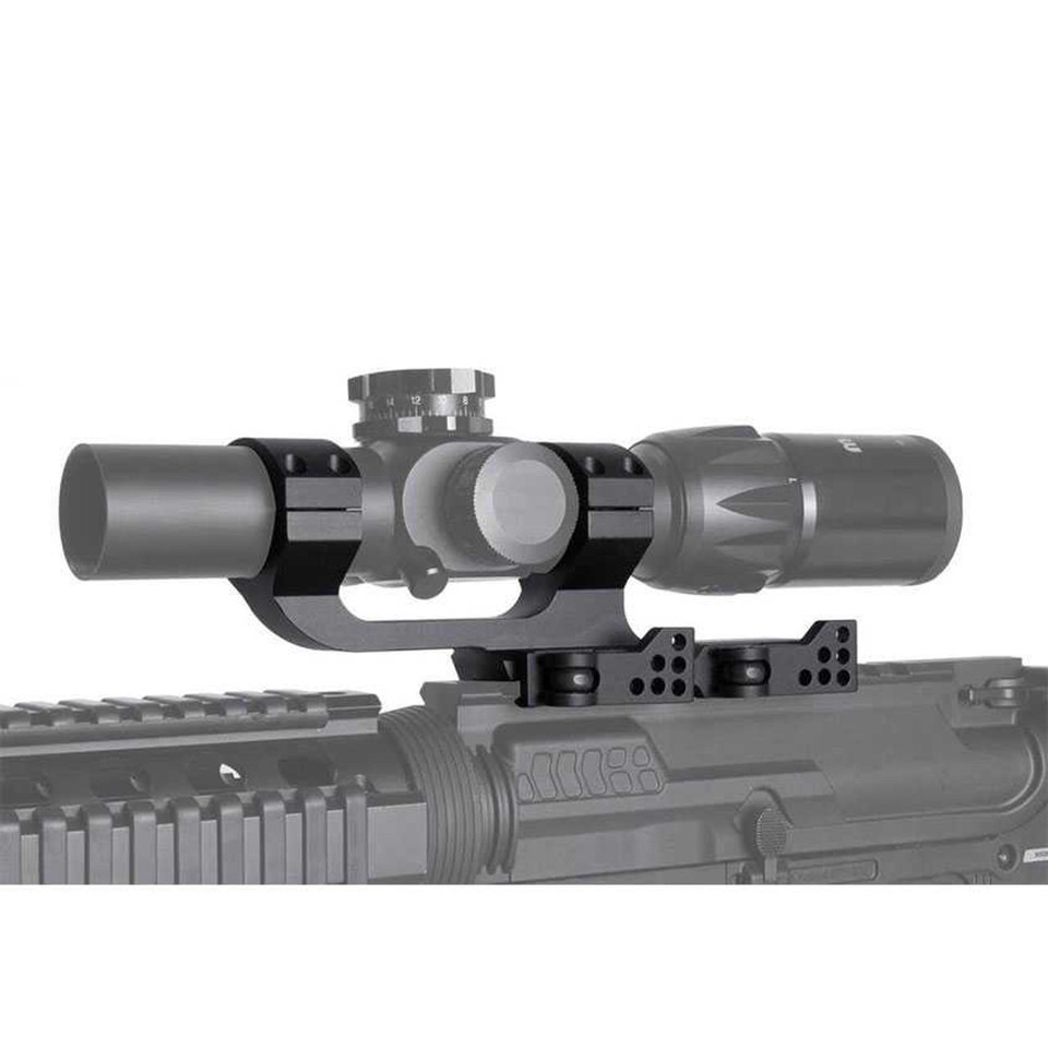 Shrapnel extended 25-slot Picatinny riser mount, 10-inch, recoil stop.