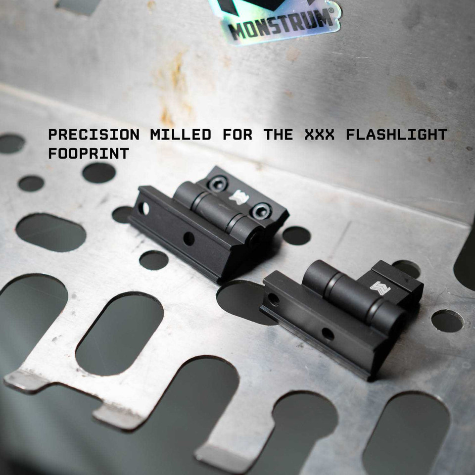 Adjustable scout light mount with pivoting plate, 180-degree rotation.