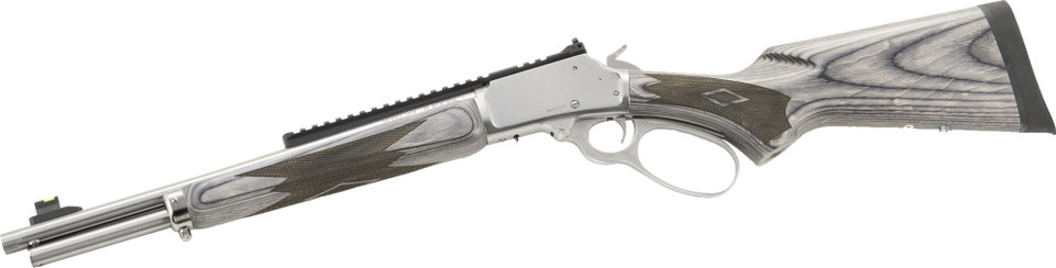Compact, fast-handling Model 1984 CSBL lever-action rifle with stainless steel barrel, big-loop lever, XS ghost-ring lever rail sight, gray & black laminated stock, deluxe recoil pad and scope base — ideal for hunting and field use.