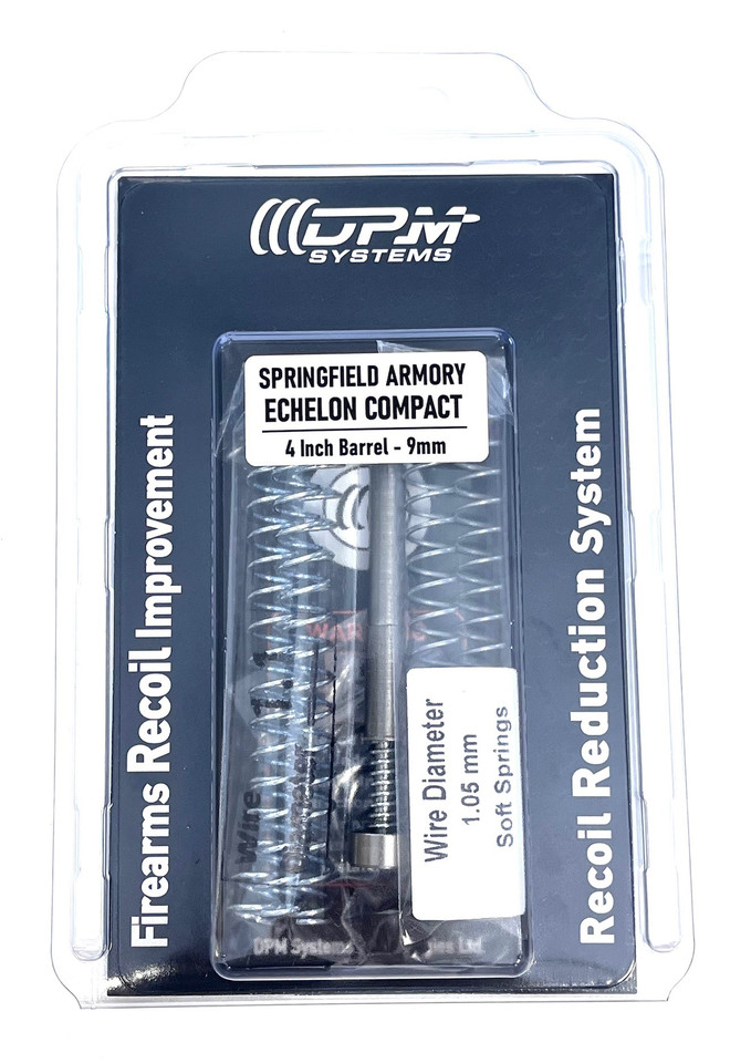 DPM Mechanical Recoil Reduction System for Springfield Echelon Compact & Comp 4” - drop-in recoil rod upgrade with soft (1.05mm) and standard (1.1mm) spring sets, 24 lb total open force, adjustable tuning for compensators, reduced recoil, fewer jams, and lifetime warranty.