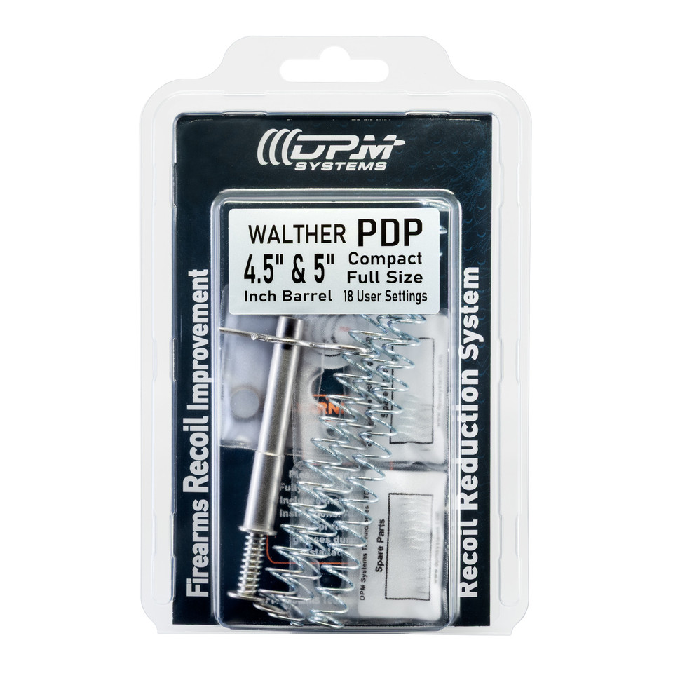 DPM Mechanical Recoil Reduction System for Walther PDP 4.5” & 5” — drop-in adjustable recoil rod with 3 external springs and 6 buffer springs (18 tuning combinations). Reduce recoil, protect slide/frame, eliminate jams, and fine-tune performance for compensators and varied ammo. Lifetime warranty.