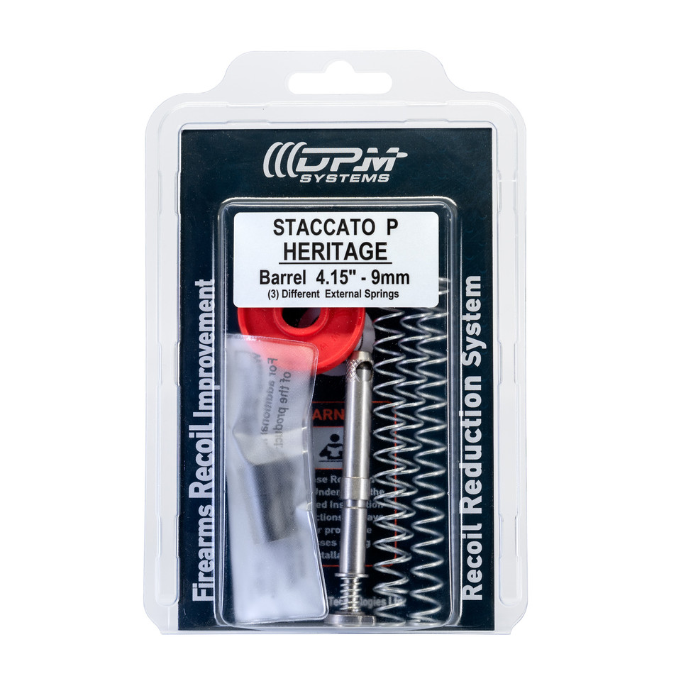 DPM Mechanical Recoil Reduction System for Staccato P Heritage 4.15” drop-in recoil rod with 3 external springs and mandatory bushing. Tunable slide forces (5.0–6.2 lb closed / ~14–15 lb full-open) reduce felt recoil, smooth cycling, and protect slide/frame. Lifetime warranty.