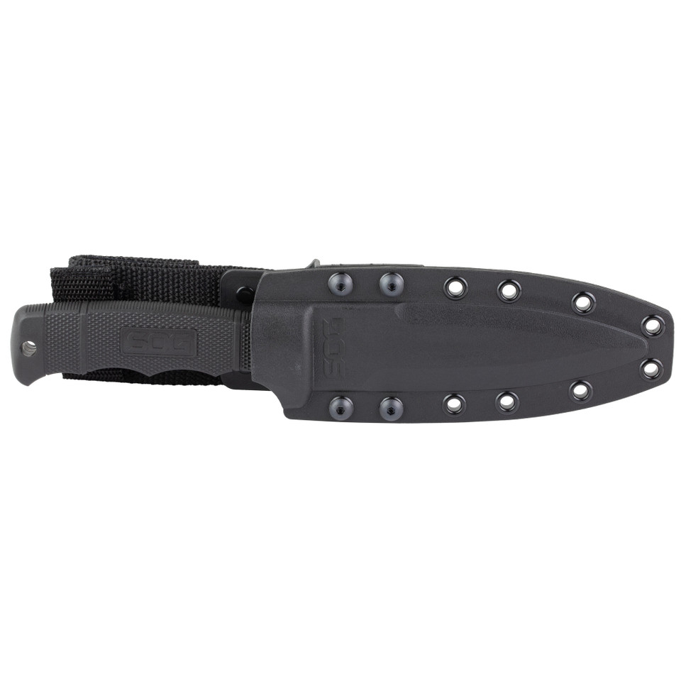 SOG Seal Pup Elite black fixed blade knife with AUS-8 steel and GRN sheath.
