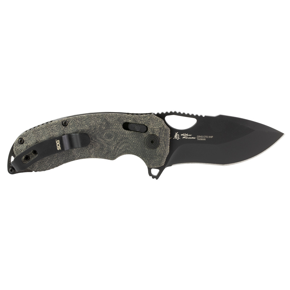 SOG Kiku XR modified tanto folding knife with linen Micarta handle and XR lock.
