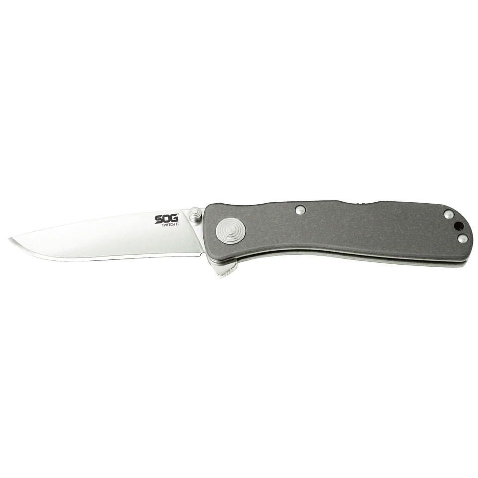 SOG Twitch II satin assisted opening pocket knife with AUS-8 steel blade.