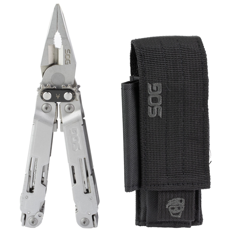 SOG PowerAccess Deluxe stone wash multi-tool with 21 tools and nylon sheath.
