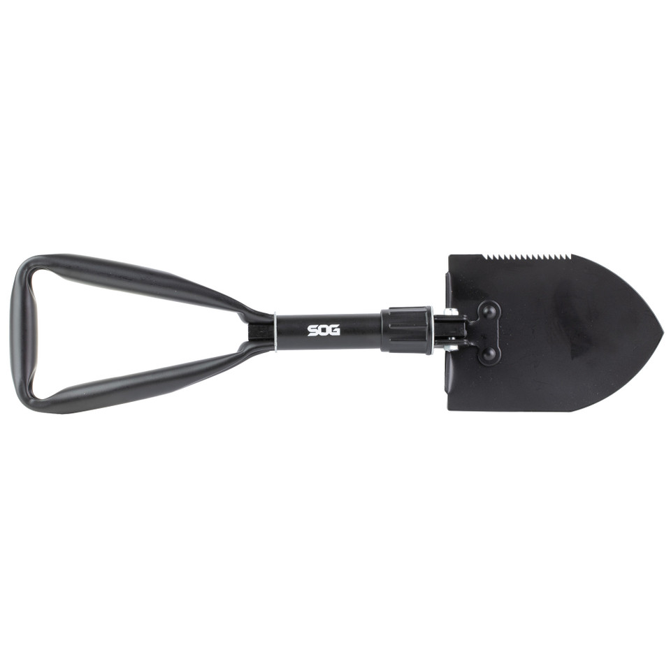 SOG Entrenching Folding Shovel with serrated blade and durable all-steel construction.