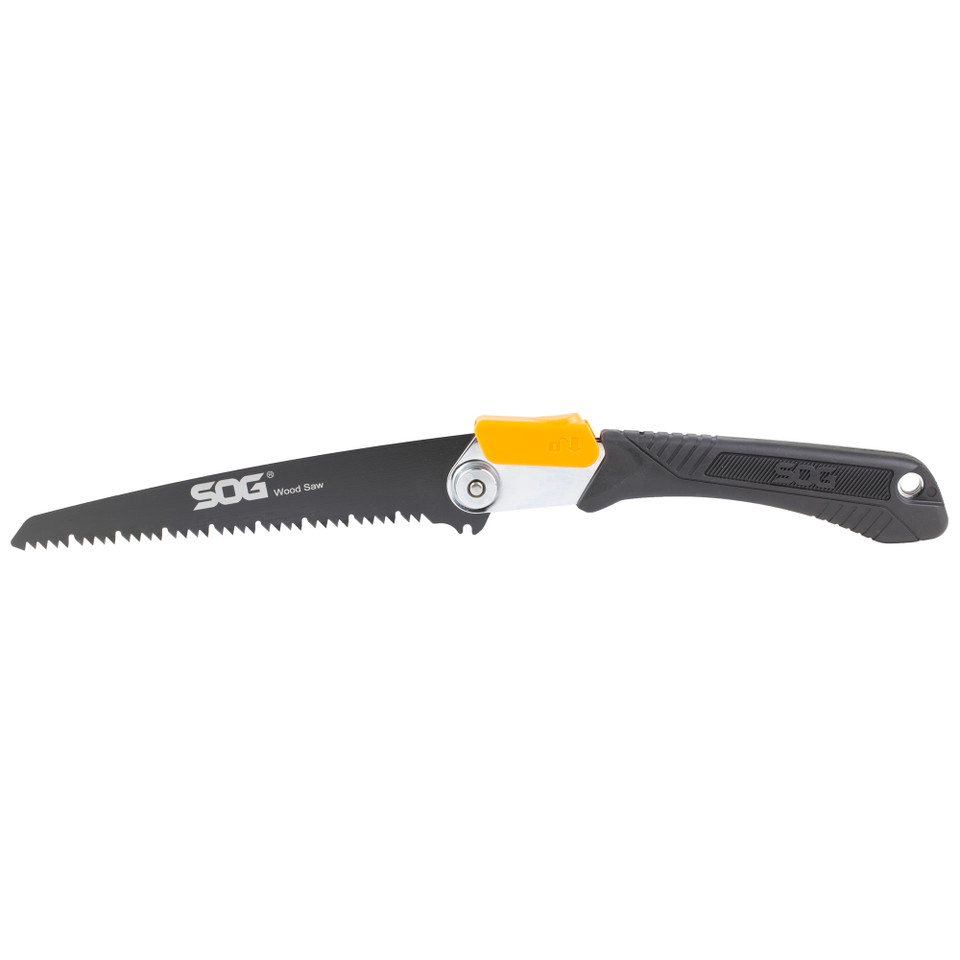 SOG Folding Salute survival saw with 8.25" carbon steel blade and wood handle.