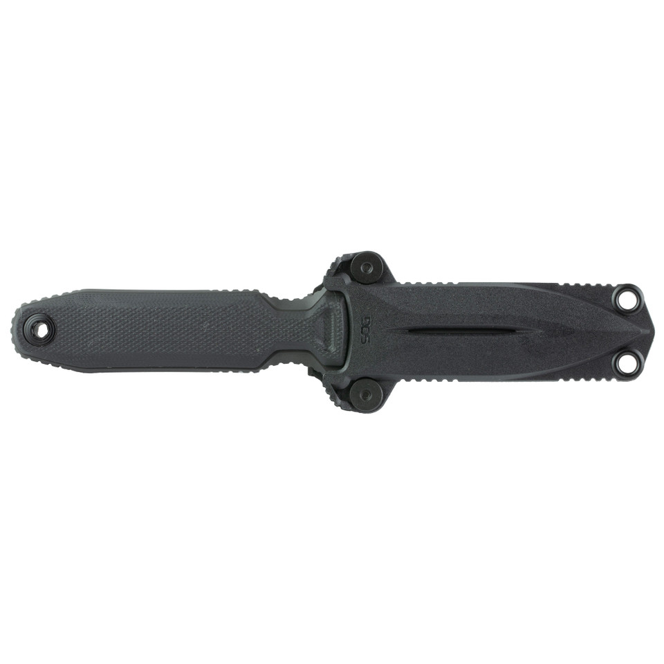 SOG Pentagon FX Covert black fixed blade knife with double-edge S35VN steel blade.
