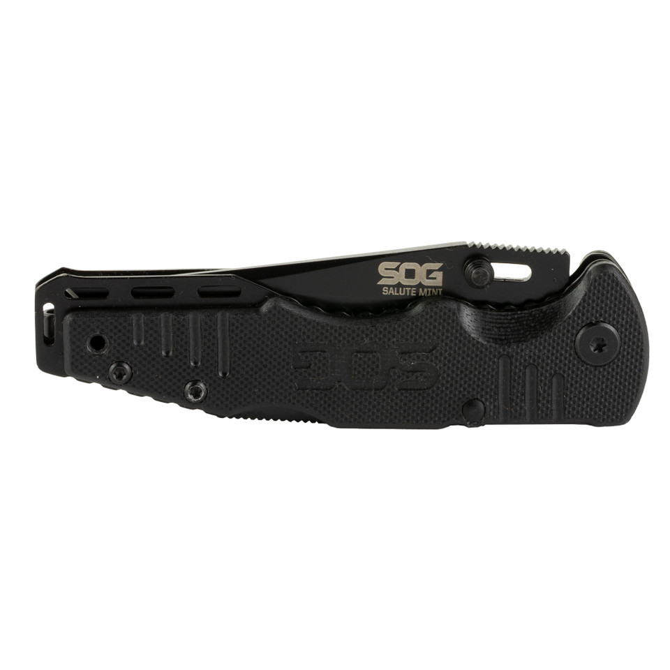 SOG Salute Mini black oxide tactical folding knife with G10 handle and Bowie blade.