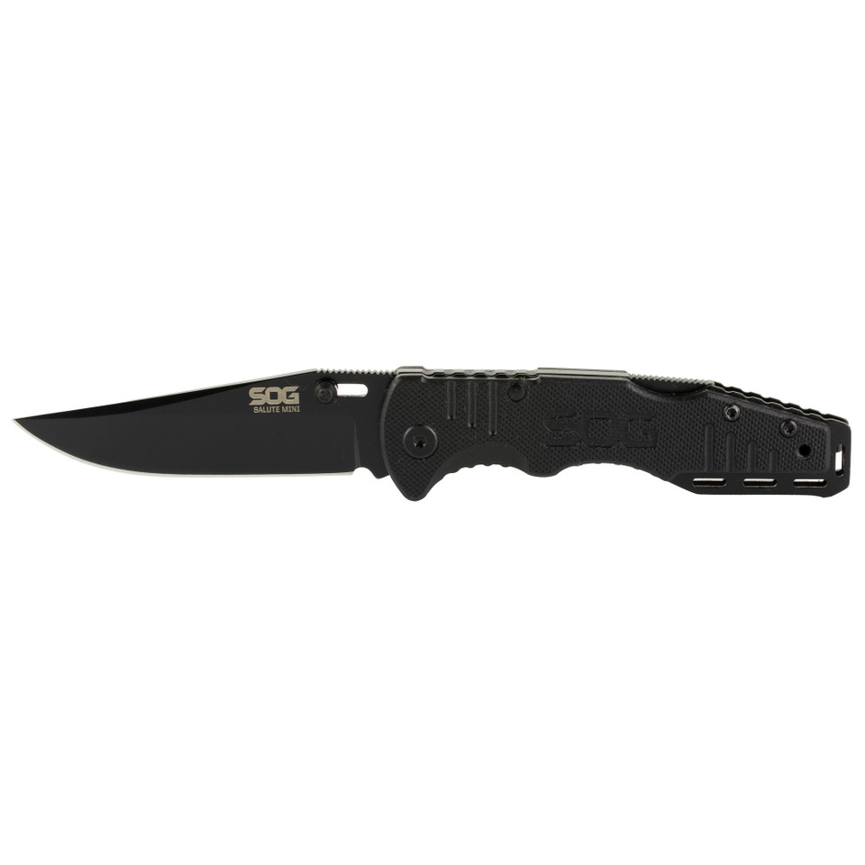 SOG Salute Mini black oxide tactical folding knife with G10 handle and Bowie blade.