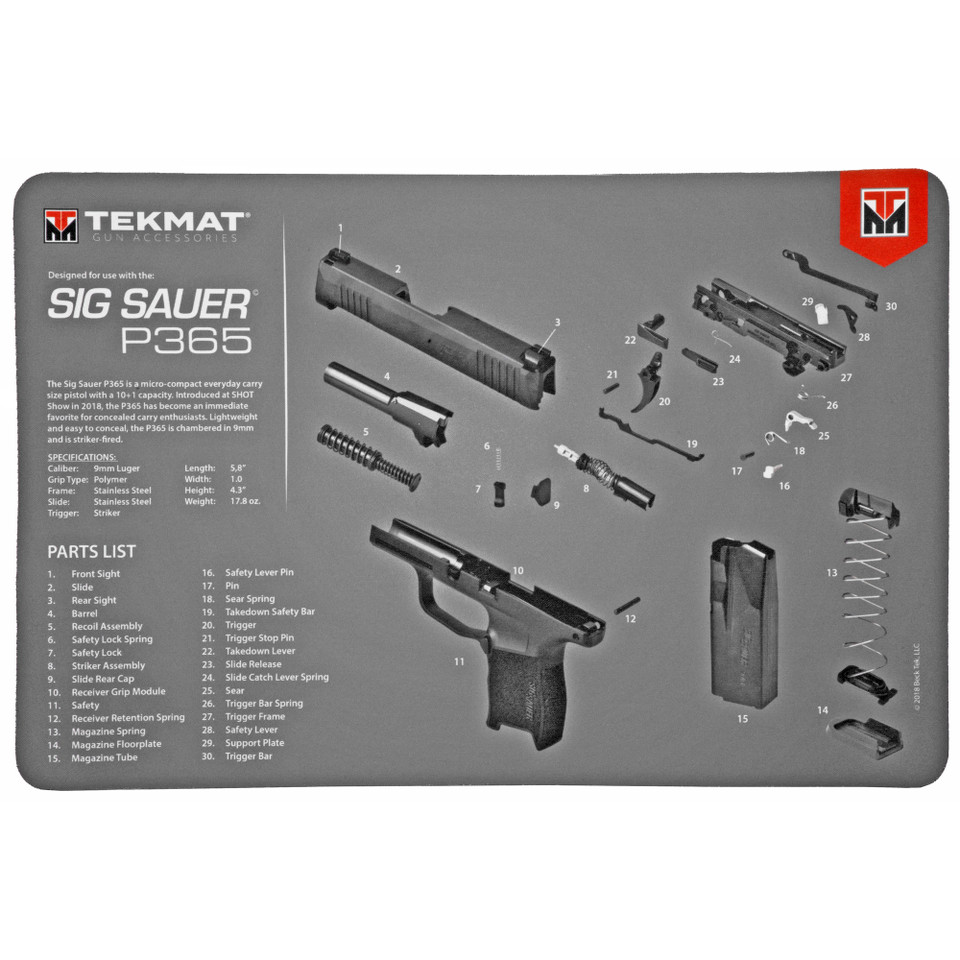 Tekmat pistol mat for SIG P226 in black, with exploded parts diagram.