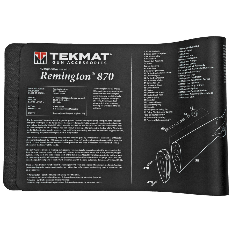 Tekmat shotgun mat for Remington 870, 12"x38", with protective padding and diagrams.