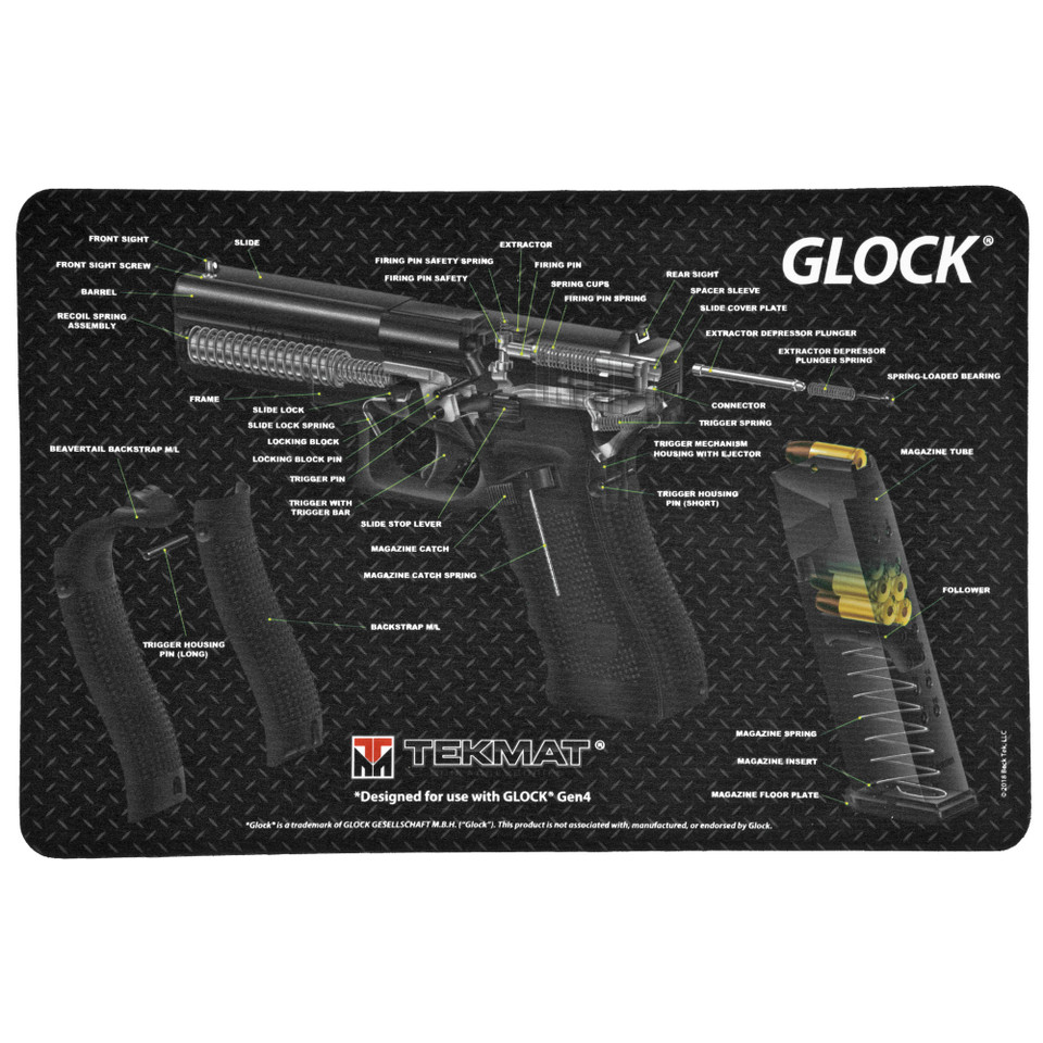 Tekmat cutaway pistol mat for Glock in black, with exploded parts diagram.