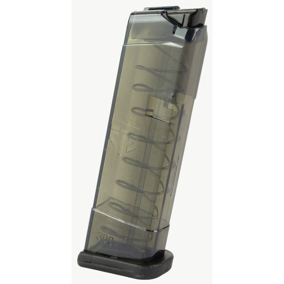 ETS 10rd Carbon Smoke 9mm magazine for Glock 19/26, transparent body.
