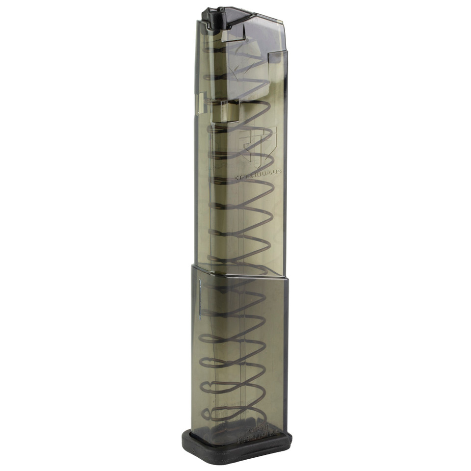 ETS 19rd CRB Carbon Smoke 9mm magazine for Glock 43X, transparent body.