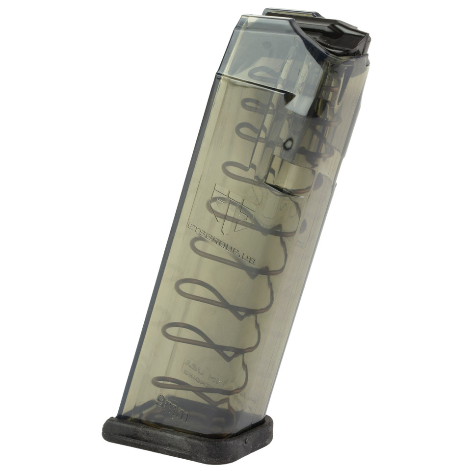 ETS 17rd Carbon Smoke 9mm magazine for Glock 17/19, transparent body.