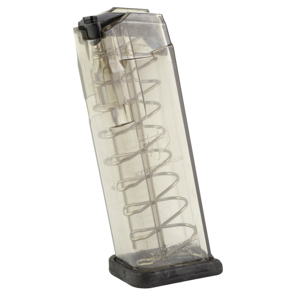 ETS 10rd Clear 9mm magazine for Glock 19/26, translucent body for ammo count.