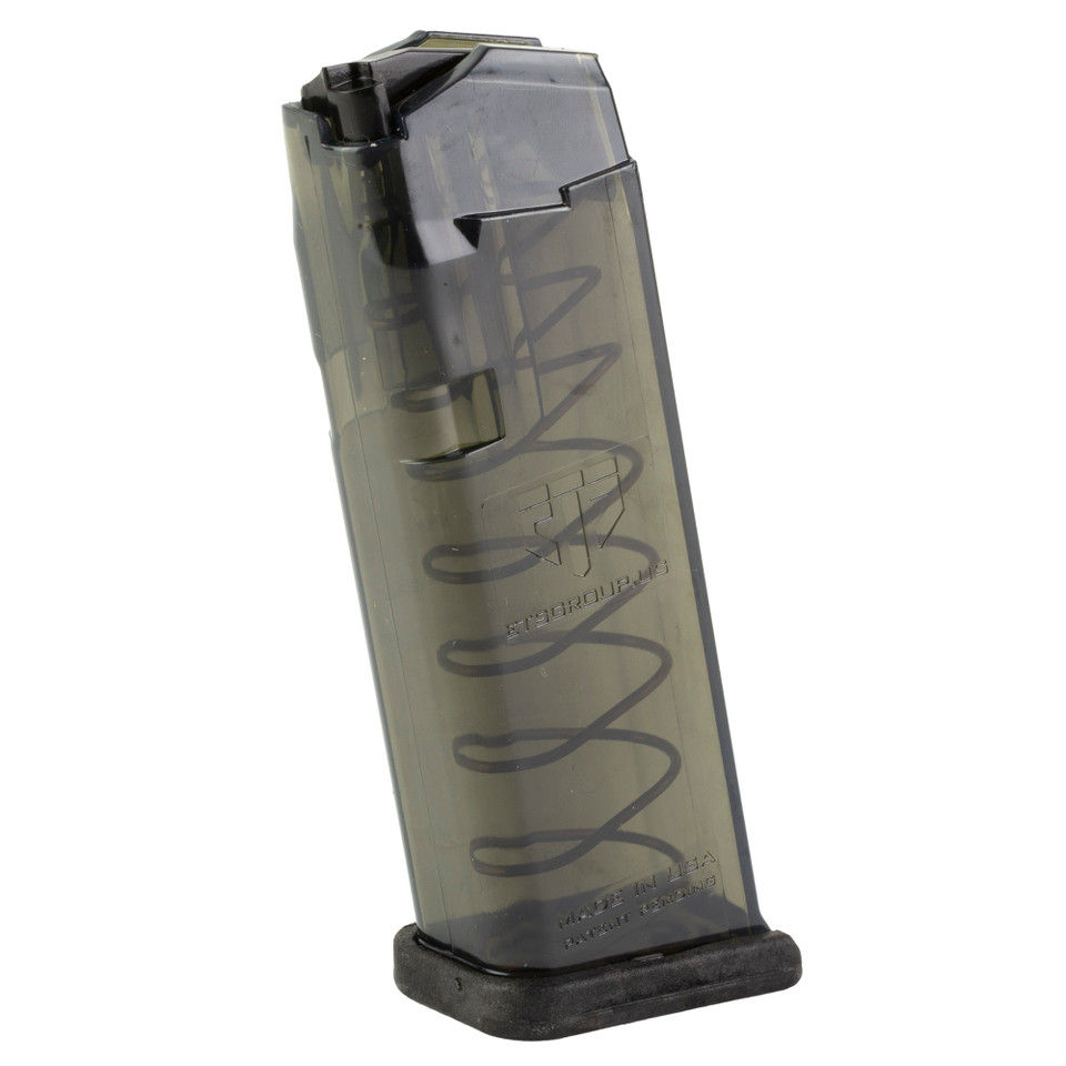 ETS 15rd Carbon Smoke 9mm magazine for Glock 19/26, transparent body.