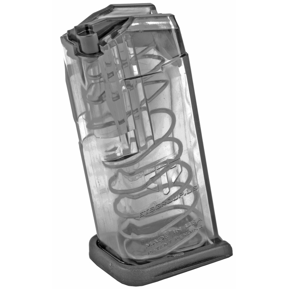 ETS 10rd Clear 9mm magazine for Glock 26, translucent body for ammo count.