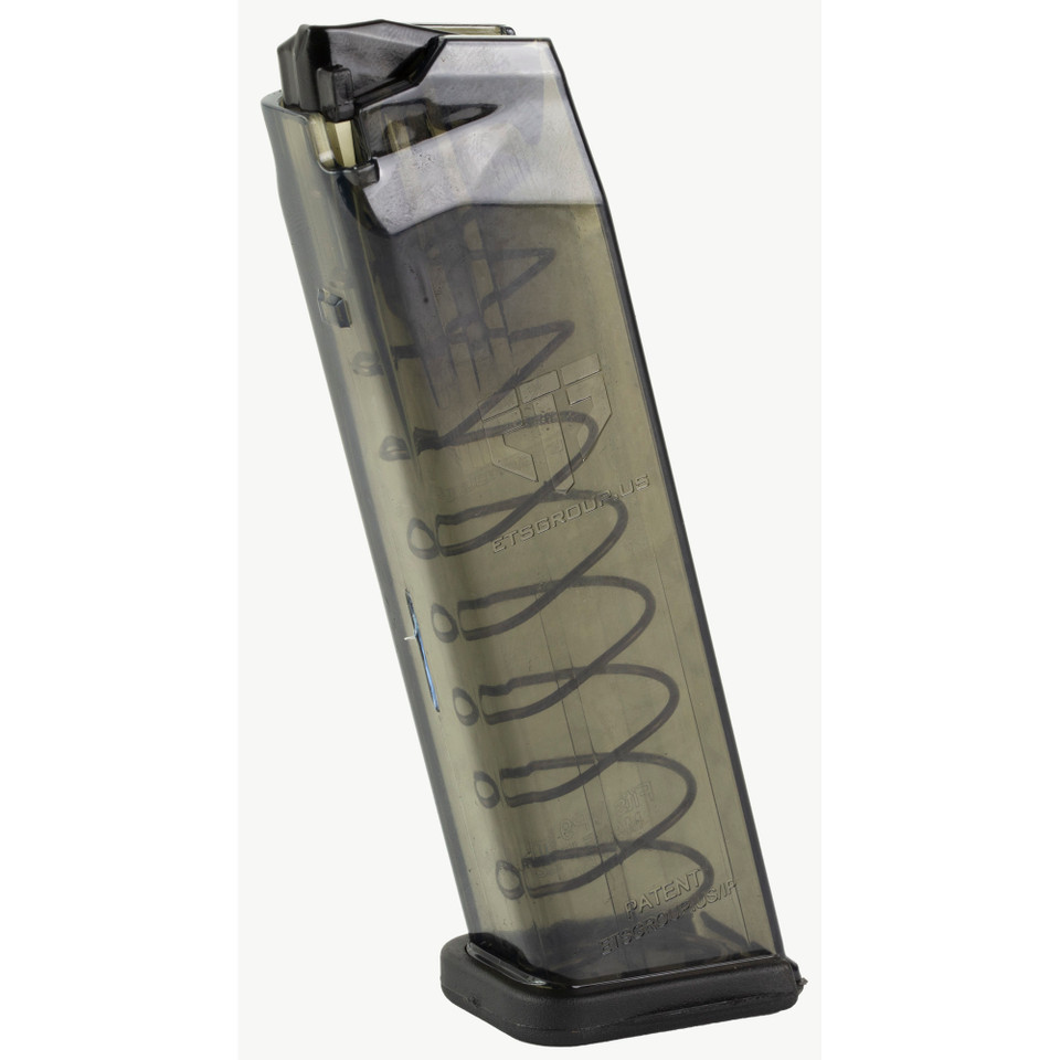 ETS 17rd Carbon Smoke 9mm magazine for HK VP9 pistol, transparent body.