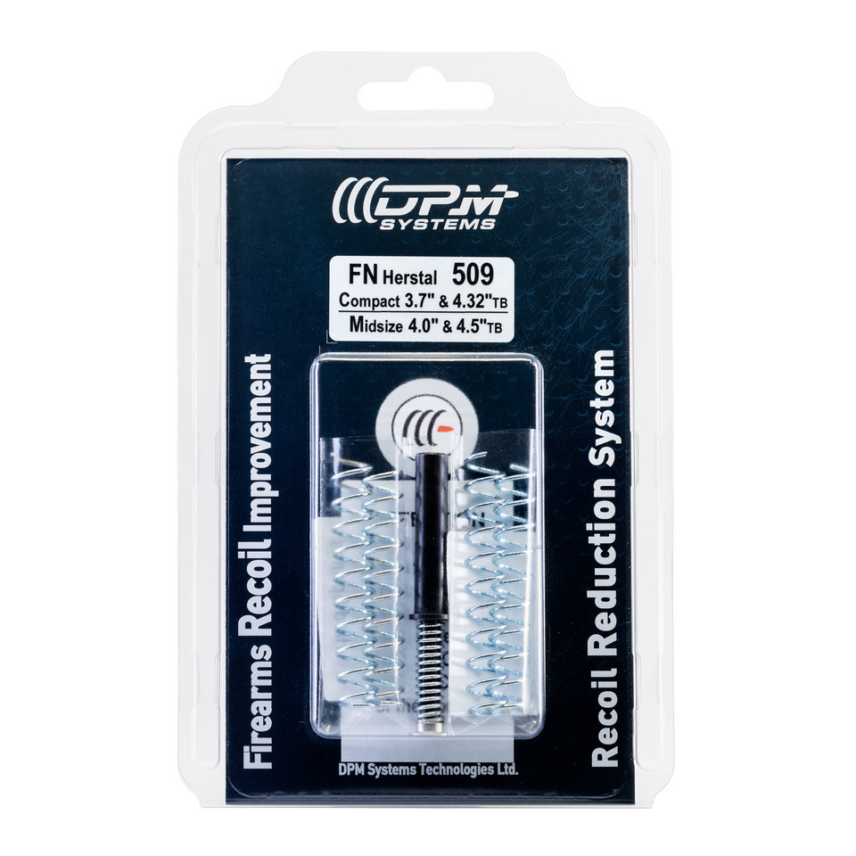 Elevate your FN 509 9mm with the DPM Mechanical Recoil Reduction System for 3.7" Compact, 4" Midsize, 4.32" Compact Tactical, and 4.5" Midsize Tactical barrels (SKU: 1000195). Featuring four tunable springs for custom recoil control, this kit reduces muzzle flip, prevents jams, and enhances accuracy. Ideal for threaded barrels and compensators, with lifetime warranty.