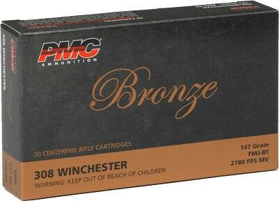 PMC Bronze .308 Winchester 147gr FMJ-BT ammunition - 20 rounds/box. Reliable, accurate, and affordable range & training ammo with boat-tail bullet for superior performance.