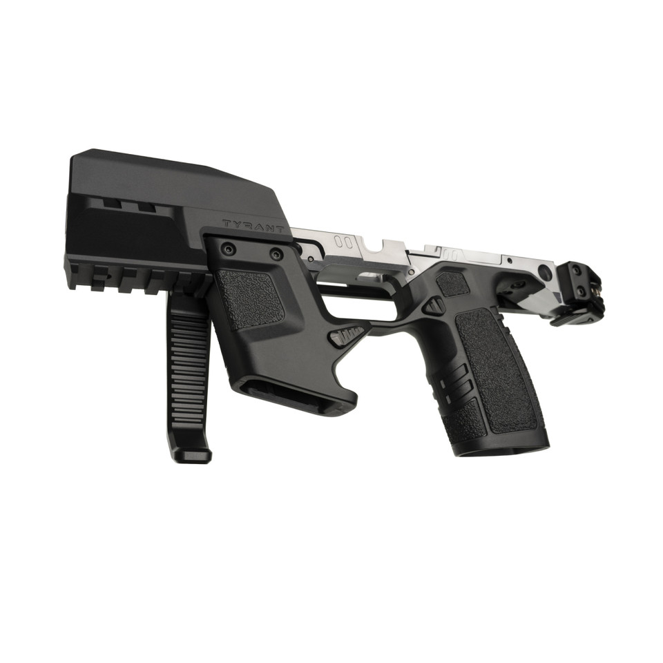 Upgrade your Sig Sauer P365 with the Tyrant CNC TWS Braced Chassis in Gunmetal Gray. Features spring-loaded folding brace, removable blast shield, dual-magazine carrier, and easy drop-in FCU installation for a compact PDW platform with up to 50-round capacity. Precision CNC-machined with lifetime warranty.
