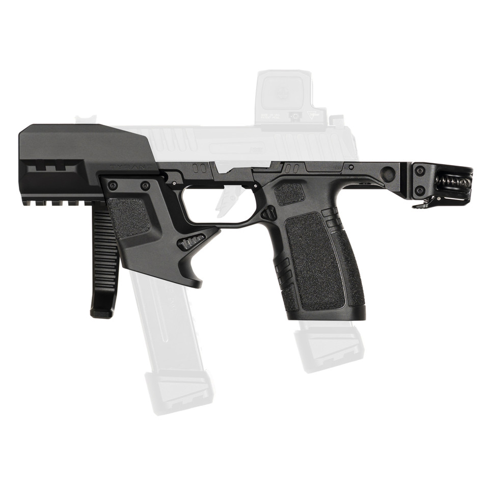 Upgrade your Sig Sauer P365 with the Tyrant CNC TWS Braced Chassis in Gunmetal Gray. Features spring-loaded folding brace, removable blast shield, dual-magazine carrier, and easy drop-in FCU installation for a compact PDW platform with up to 50-round capacity. Precision CNC-machined with lifetime warranty.