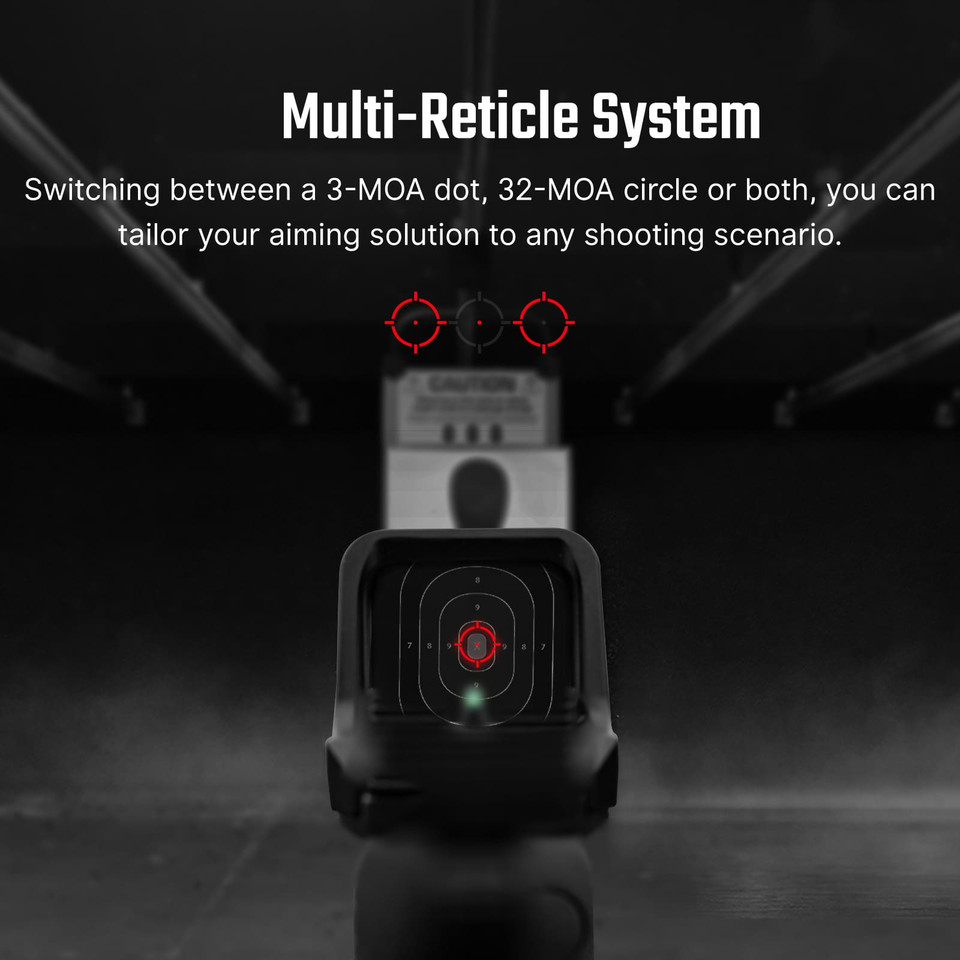 Discover the Osight C red dot sight with a large 0.95" x 0.75" window, multi-coated lens for superior clarity, 3 MOA dot plus 32 MOA circle reticle, side-loading CR1632 battery, RMR/407c/507c footprint compatibility, and motion sensor activation. Perfect for pistols and rifles at Terran Gear USA.