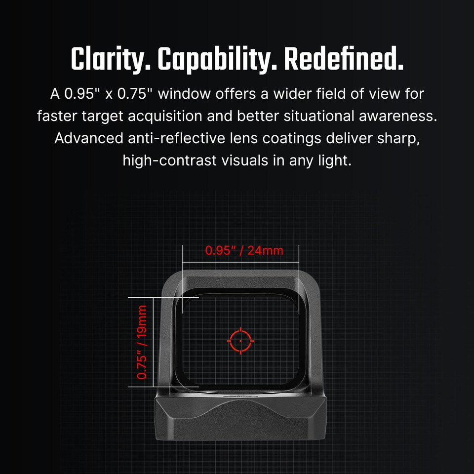 Discover the Osight C red dot sight with a large 0.95" x 0.75" window, multi-coated lens for superior clarity, 3 MOA dot plus 32 MOA circle reticle, side-loading CR1632 battery, RMR/407c/507c footprint compatibility, and motion sensor activation. Perfect for pistols and rifles at Terran Gear USA.