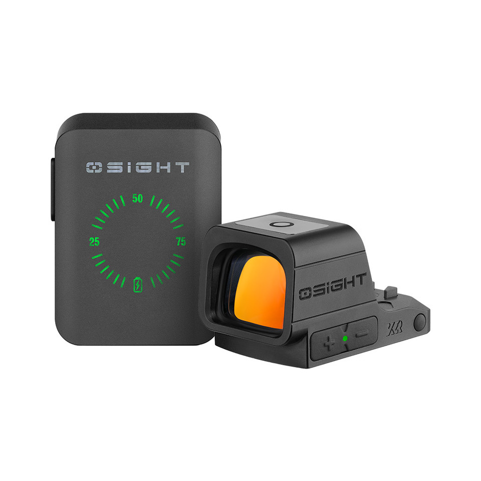 Osight XR Enclosed Red Dot Sight with 2/6+32 MOA Multi-Reticle System, Ruggedized Miniature Reflex footprint, magnetic charging cover, and collapsible backup rear sight. Built for duty, carry, and competition pistols.