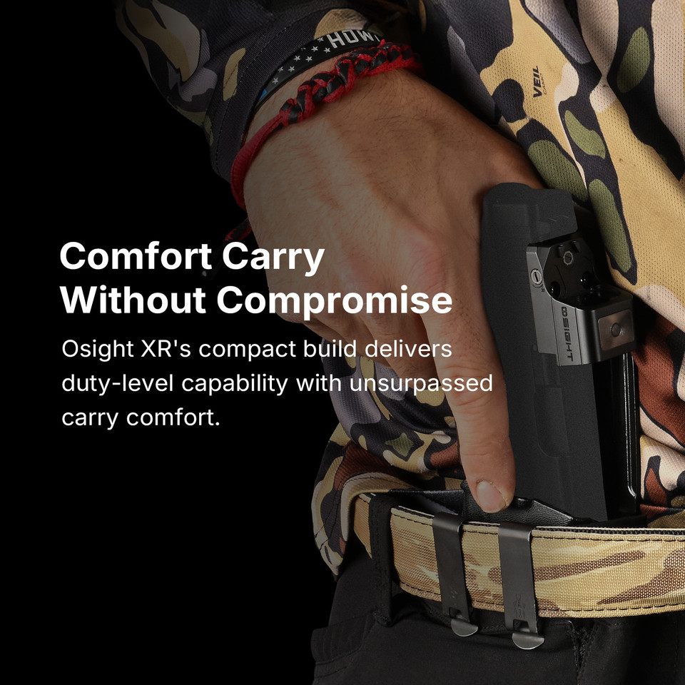 Osight XR Enclosed Red Dot Sight with 2/6+32 MOA Multi-Reticle System, Ruggedized Miniature Reflex footprint, magnetic charging cover, and collapsible backup rear sight. Built for duty, carry, and competition pistols.