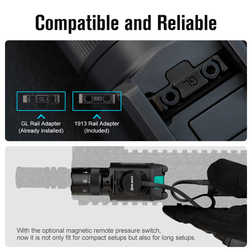 Buy the Olight Baldr Pro R rechargeable tactical light with green laser. Features 1350 lumens, magnetic charging, GL and Picatinny rail compatibility, and multiple light modes for defensive use.