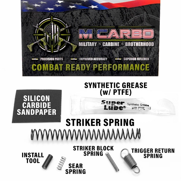 MCarbo Smith and Wesson M&P Shield Trigger Spring Kit for 1.0 and 2.0 models in 9mm, .357, .40, and .45 ACP. Reduce trigger pull by up to 55 percent for smoother break, faster reset, and improved accuracy. Made in the USA.