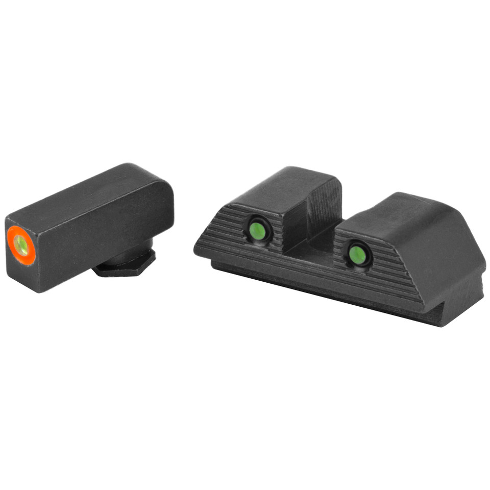 AmeriGlo Trooper tritium night sights for Glock Gen 5 9mm and .40 S&W featuring orange ProGlo front and serrated rear.