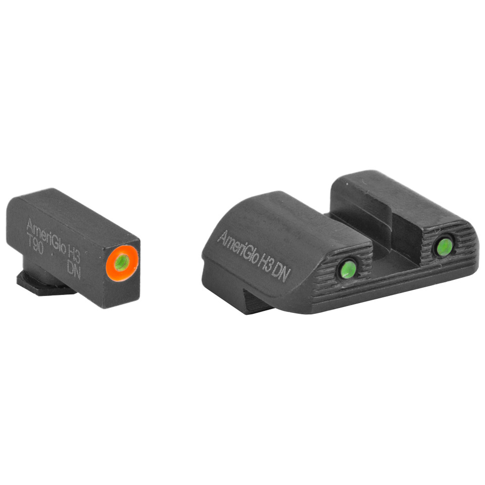AmeriGlo Trooper night sights for Glock 42 and 43 with orange front outline and 3-dot green tritium configuration.