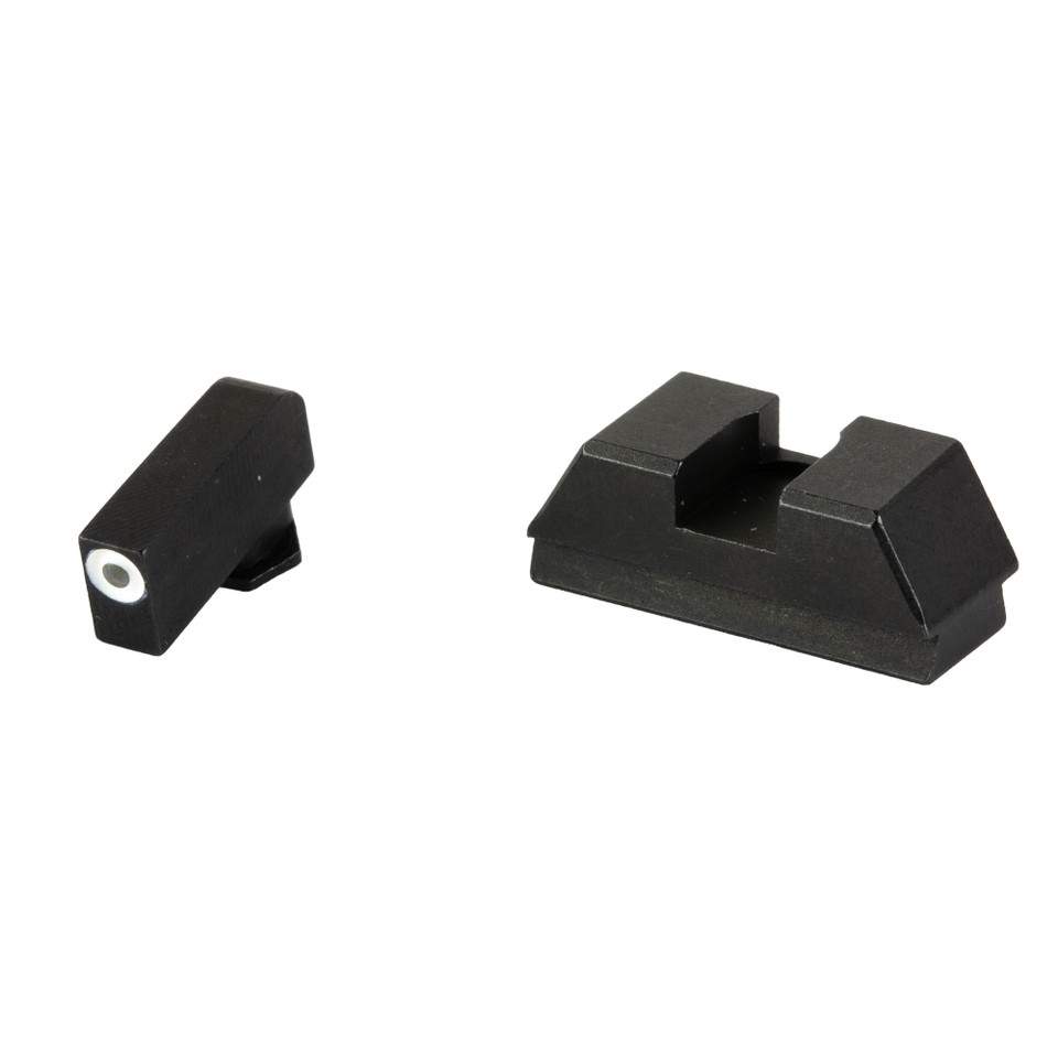 AmeriGlo L-height tritium sights for Glock 43X and 48 MOS with white front outline and blacked-out serrated rear for optics.