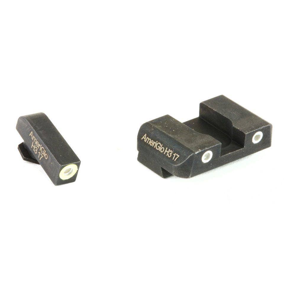 AmeriGlo green tritium front and rear night sights for Glock 17 and 19 with high-contrast outlines for 24/7 visibility.