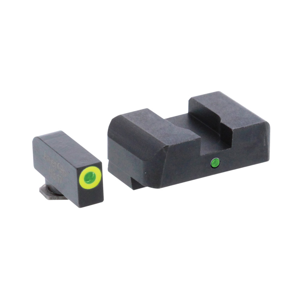 AmeriGlo Pro I-Dot green tritium sights for Glock 17 and 19 with two-dot vertical alignment and LumiGreen front outline.