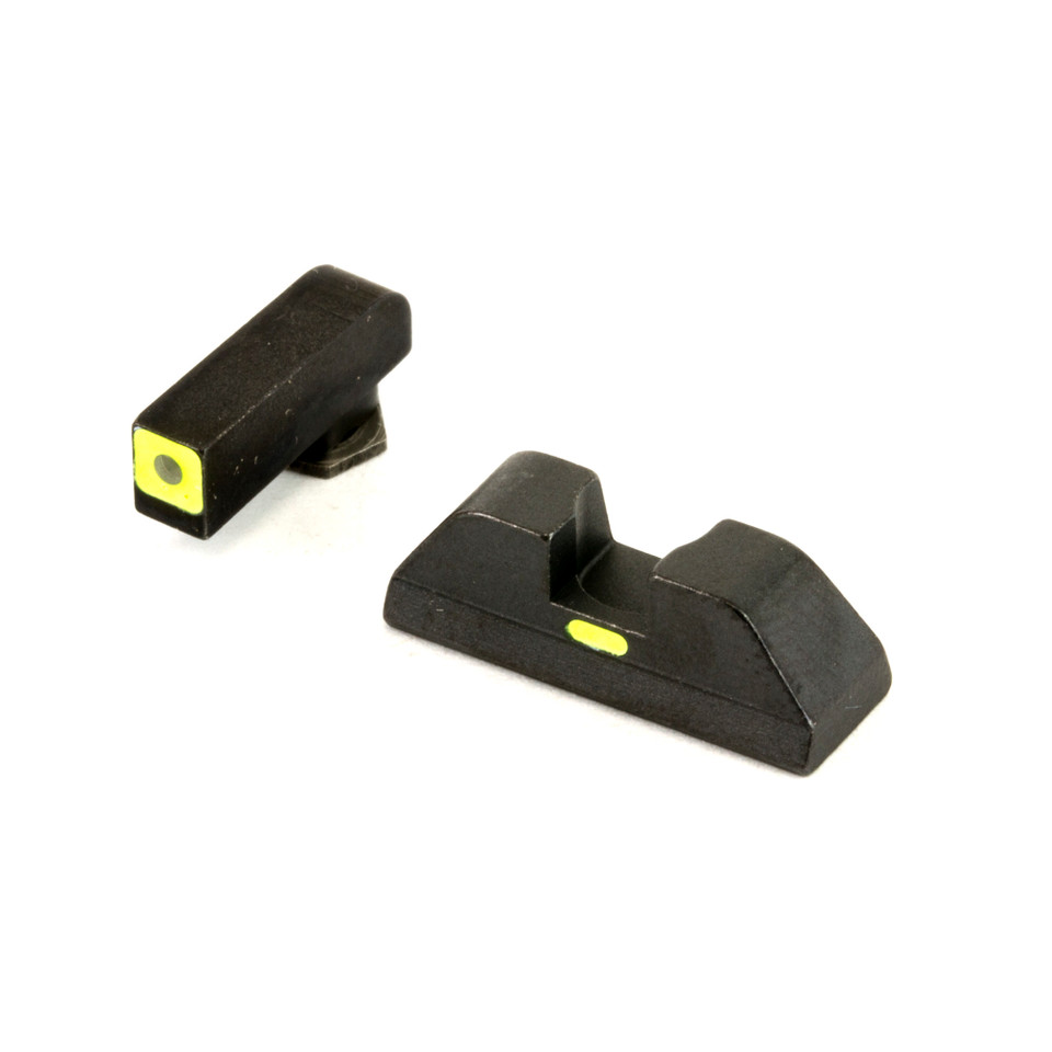 AmeriGlo CAP sight set for Glock 42 and 43 featuring LumiGreen square front post and green horizontal rear reference line.